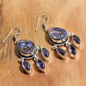 Abalone/Amethyst Gemstone Sterling Silver Drop Dangle Earrings
